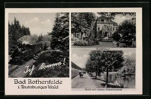 AK Bad Rothenfelde im Teutoburger Wald, vor dem Badehaus, Teich am neuen Gradierwerk, Eisenbahn im Wald