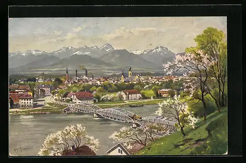 Künstler-AK Rosenheim, Generalansicht mit Gebirgspanorama