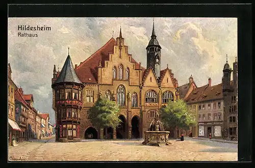 Künstler-AK Hildesheim, Rathaus und Brunnen