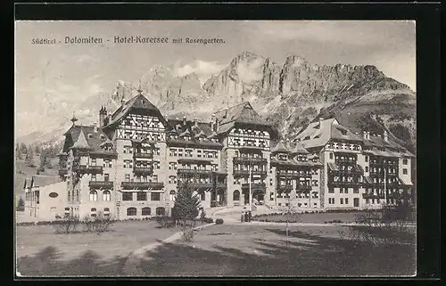 AK Karersee, Hotel Karersee mit Rosengarten