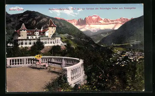 AK Bozen-Gries, Guntschna-Bergbahn, Blick von der Terrasse des Reichriegler Hofes zum Rosengarten