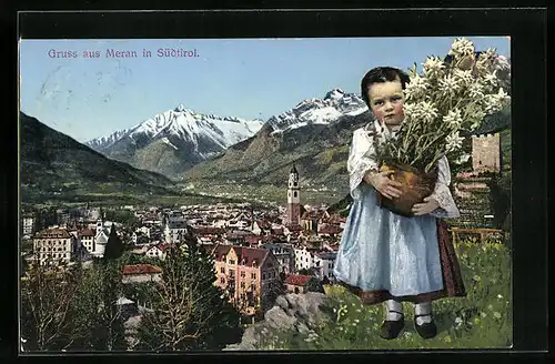AK Meran, Gesamtansicht, Blumenmädchen steht auf dem Berg