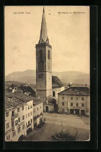AK Kaltern, Marktplatz mit Pfarrkirche, Gasthof Mondschein