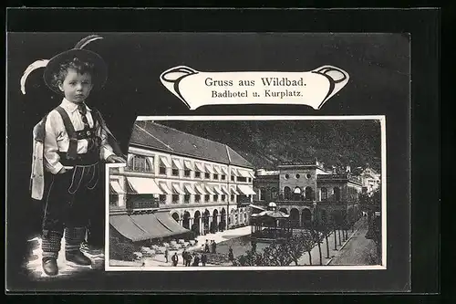 AK Wildbad, Badhotel und Kurplatz, Junge in Tracht