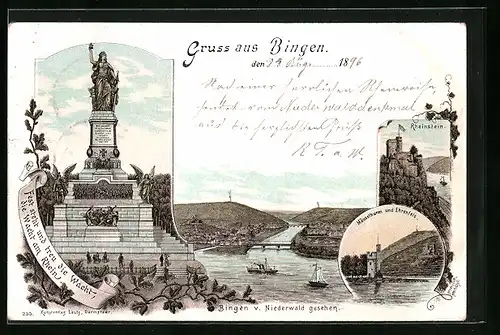 Lithographie Bingen, Teilansicht v. Niederwald gesehen, Rheinstein, Mäuseturm und Ehrenfels