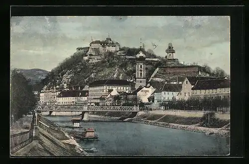 AK Graz, Albrechtsbrücke mit Schlossberg und Mur