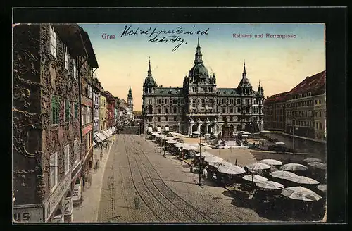 AK Graz, Rathaus und Herrengasse mit Wochenmarkt