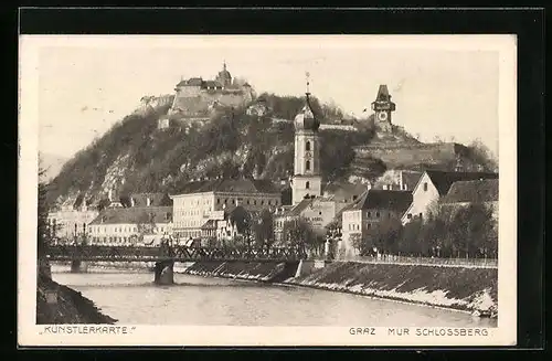 AK Graz, Mur Schlossberg, an der Brücke, Blick hoch zum Schloss