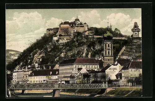 AK Graz, Teilansicht mit Mur und Schlossberg