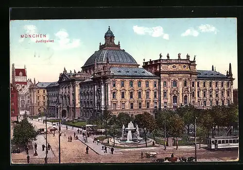 AK München, Strassenbahn vor dem Justizpalast
