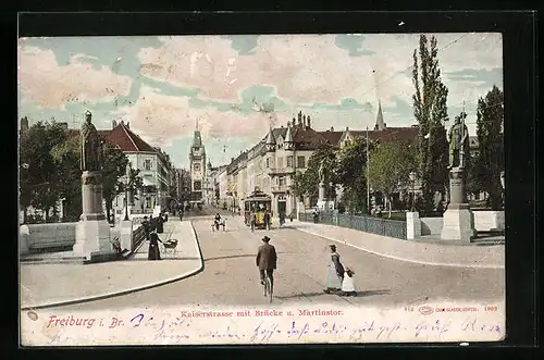 AK Freiburg i. Br., Kaiserstrasse mit Strassenbahn