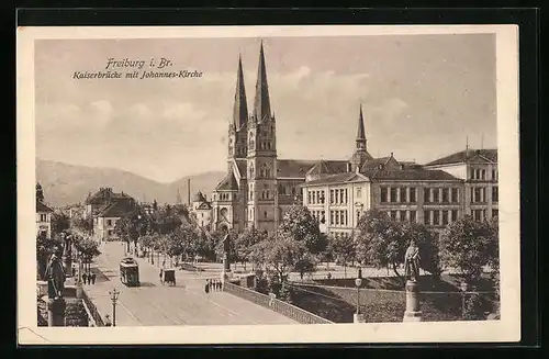 AK Freiburg i. Br., Kaiserbrücke mit Strassenbahn