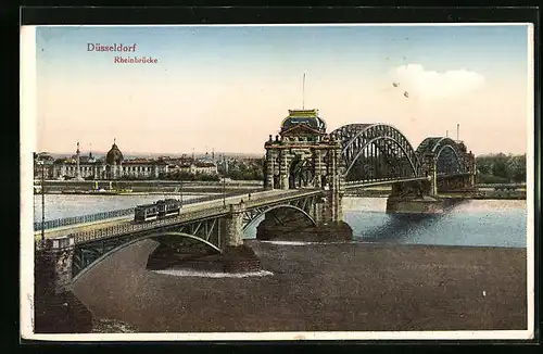 AK Düsseldorf, Strassenbahnverkehr auf der Rheinbrücke