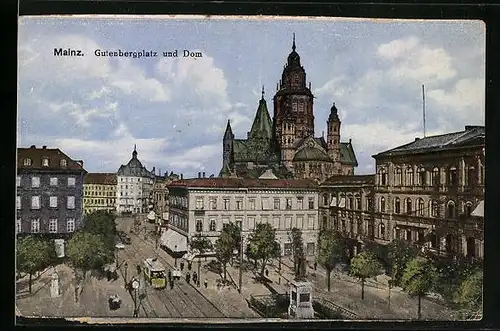AK Mainz, Gutenbergplatz mit Strassenbahn