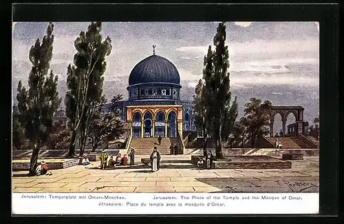 Künstler-AK Jerusalem, Place du temple avec la mosquée d'Omar