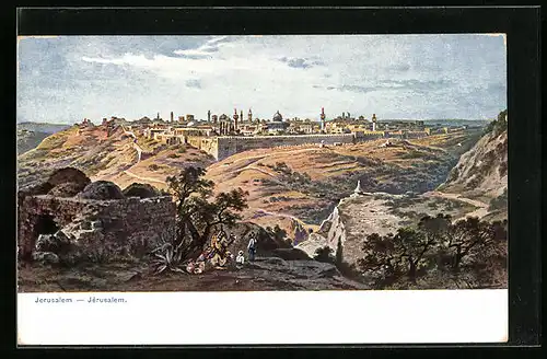 Künstler-AK Jerusalem, Panoramablick auf die Stadt