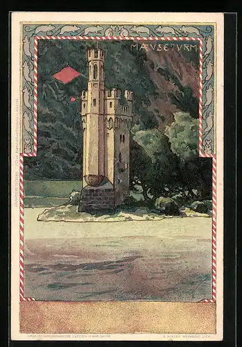 Mondschein-AK Bingen, der Maeuseturm der Burg