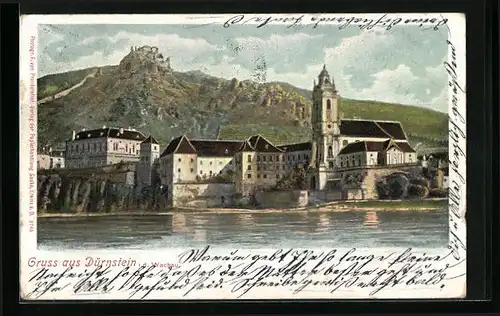 AK Dürnstein i. d. Wachau, Uferpartie mit Kirche