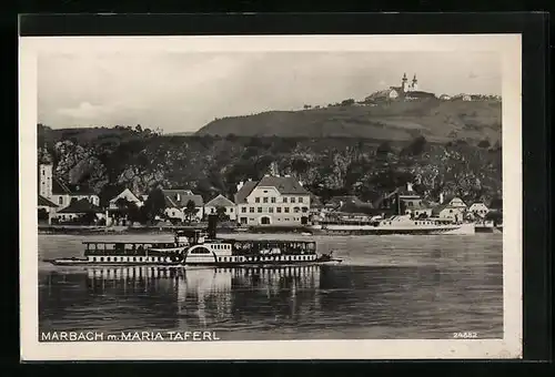 AK Marbach /Strudengau, Uferpartie mit Maria Taferl und Dampfer