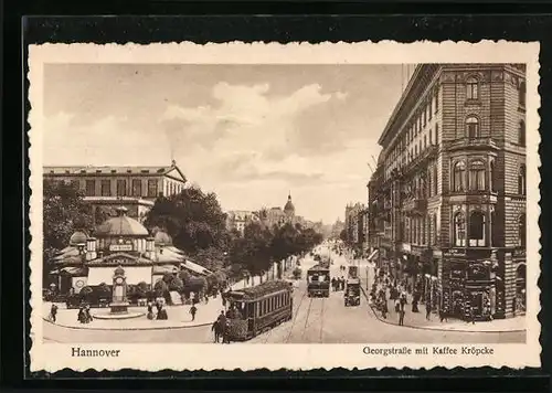 AK Hannover, Georgstrasse mit Café Kröpcke und Strassenbahn