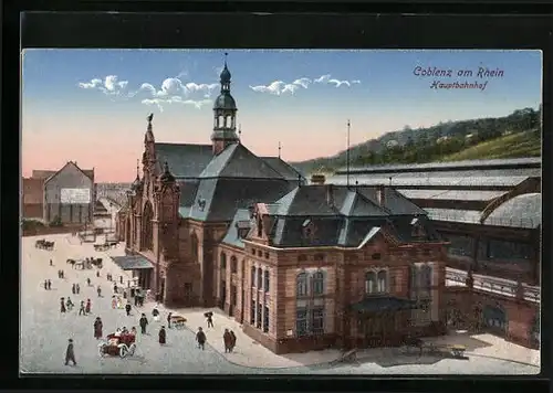 AK Coblenz, Hauptbahnhof mit Passagieren
