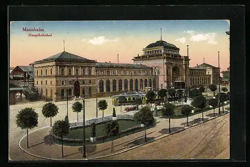 AK Mannheim, Hauptbahnhof und Strassenbahn