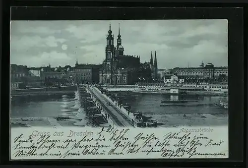 Mondschein-AK Dresden, Stadtansicht mit Augustusbrücke