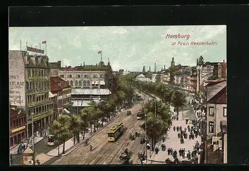 AK Hamburg-St. Pauli, Reeperbahn mit Strassenbahn aus der Vogelschau