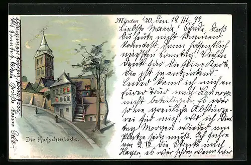 Lithographie Minden, Die Hufschmiede bei Mondschein