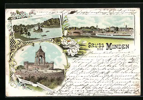 Lithographie Minden, Teilansicht, Denkmal Kaiser Wilhelm I., Schwanenteich