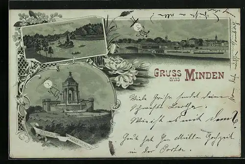 Mondschein-Lithographie Minden, Denkmal Kaiser Wilhelm I., Schwanenteich, Uferpartie mit Brücke