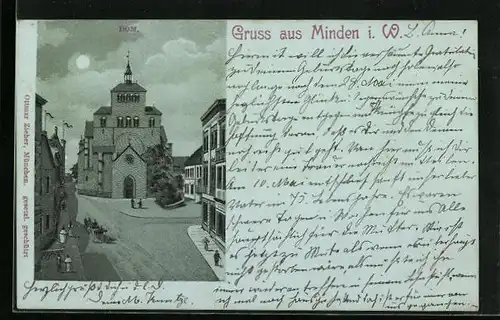 Mondschein-Lithographie Minden i. W., Strassenpartie mit Dom