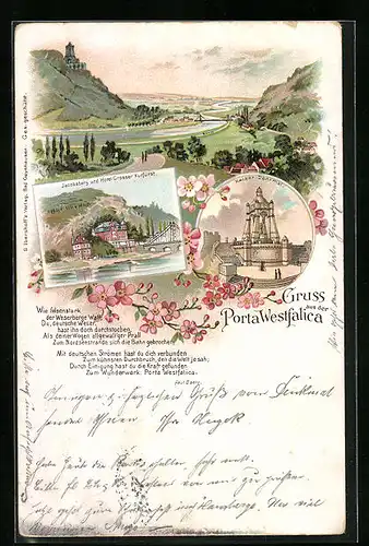 Lithographie Porta Westfalica, Jacobsberg und Hotel Grosser Kurfürst, Kaiser-Denkmal, Panorama