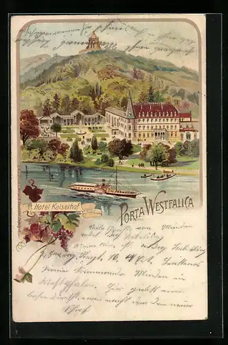 Lithographie Porta Westfalica, Hotel Kaiserhof mit Dampfer