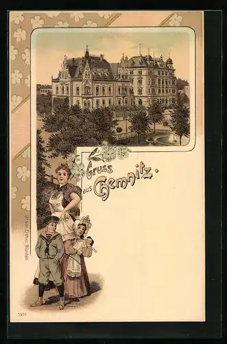 Lithographie Chemnitz, Strassenpartie mit Gebäudeansicht