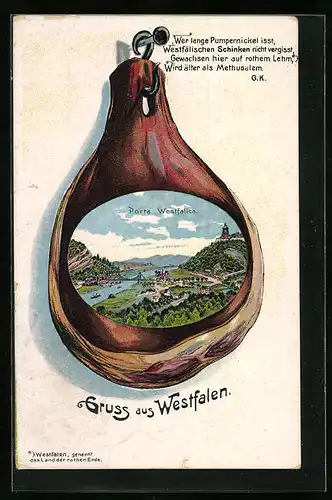 AK Porta Westfalica /Westfalen, Panorama mit Denkmal im Schinken, Passepartout