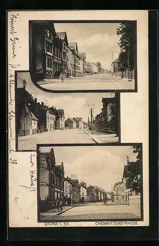 AK Grüna i. Sa., Chemnitzerstrasse mit Passanten