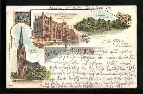 Lithographie Bochum, Hauptportal des Bochumer Vereins für Bergbau u. Gusstahlfabrikation, Stadtpark Grosser Teich