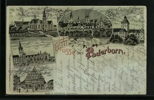 Mondschein-Lithographie Paderborn, Rathaus, Dom, Gymnasium