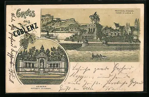 Lithographie Coblenz, Provinzial-Denkmal Kaiser Wilhelm I., Kaiserin Augusta-Denkmal