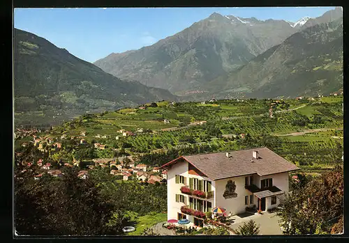 AK Schenna /Meran, Hotel-Pension Etschblick, Ortsansicht aus der Vogelschau