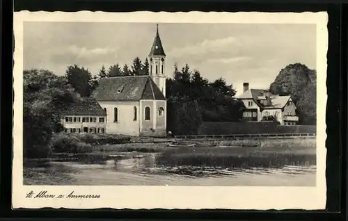 AK Sankt Alban a. Ammersee, Seepartie mit Kirche