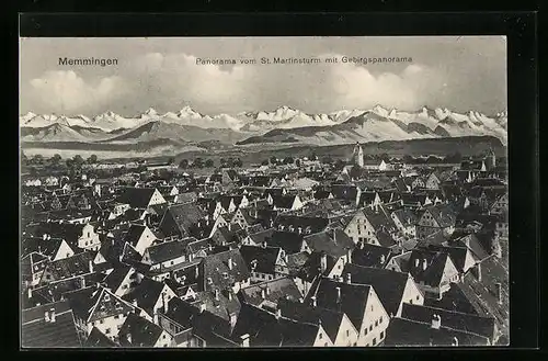 AK Memmingen, Ortsansicht von St. Martinsturm mit Gebirgspanorama