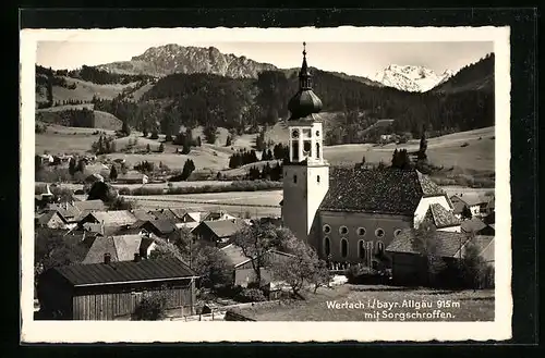 AK Wertach i. Allgäu, Ortsansicht mit Kirche und Sorgschrofen