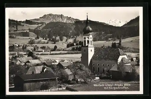 AK Wertach / Allgäu, Ortsansicht mit Kirche und Sorgschrofen