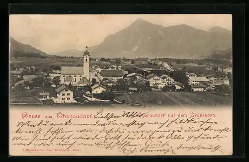 AK Oberaudorf a. Inn, Ortsansicht mit Kirche und dem Kranzhorn