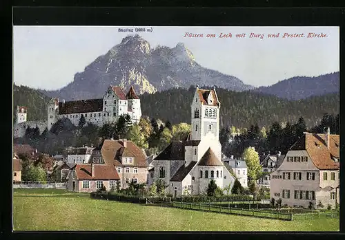 AK Füssen am Lech, Ortspartie mit Burg und Protest. Kirche