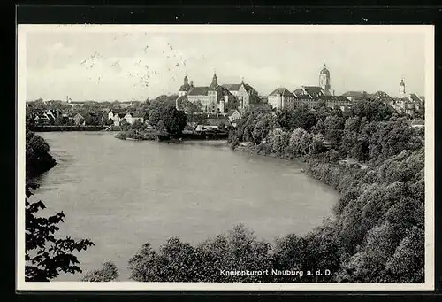 AK Neuburg a. D., Ortsansicht aus der Vogelschau, Flusspartie