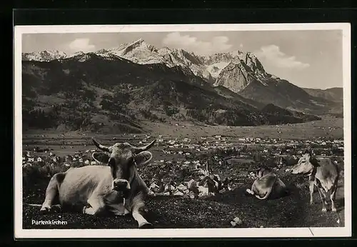 AK Partenkirchen, Ortsansicht und Gipfelpanorama