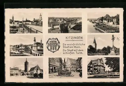 AK Kitzingen, Partie am Main, Kriegerdenkmal und Falterturm, Marktplatz mit Rathaus, Partie am Bootshaus